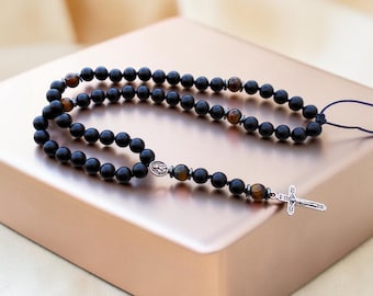 Rosary Necklace, 5 Decade Prayer Beads, Y Necklace, Black Onyx Necklace