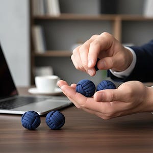 May include: Close-up of navy blue decorative knot balls. Three balls are held in a person's hands, with two more on a wooden desk. The balls have a textured, woven appearance. The background includes a laptop, coffee cup, and a bookshelf.