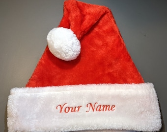 Christmas Plush Santa Hat with custom name or text Embroidered