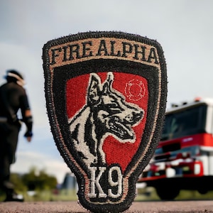 May include: Embroidered patch with the words "FIRE ALPHA" at the top and "K9" at the bottom. The patch features a German Shepherd dog head on a red background. A firefighter and fire truck are in the background.