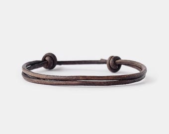 Men Bracelet Brown Leather Cord, Minimal Bracelet, Adjustable Cord Bracelet with Sliding Knots, Birthday Gift for Son | Boyfriend, Mens Gift