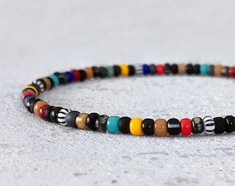 Mens Multicolor Seed Bead Bracelet: 3mm Stretchy Minimalist Design