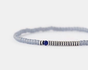 Blue Sapphire Mens Bracelet: Oxidized Sterling Silver Beaded Bracelet