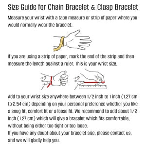 May include: Diagram showing how to measure your wrist for a chain or clasp bracelet. The illustration shows how to use a tape measure or a strip of paper to measure your wrist. The text explains that you should add 1/2 inch to 1 inch to your wrist measurement for a comfortable fit.