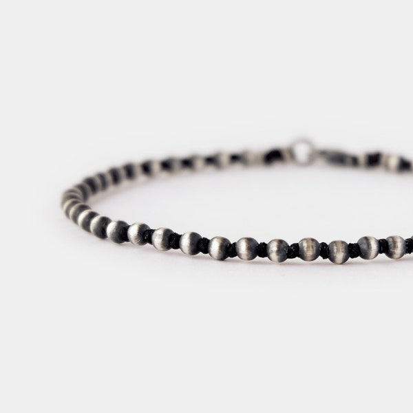 Bracelet pour hommes en perles d’argent oxydé, bracelet fermoir à petites perles de 3 mm pour hommes, bracelet extensible mince pour hommes, bracelet minimal, cadeau pour lui