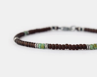 Brown Beaded Bracelet for Men, 3mm Small Bead Bracelet with Sterling Silver Clasp, Gift for Boyfriend | Husband | Son, Birthday Gift for Him