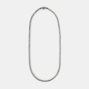 May include: A silver chain necklace with a simple design. The chain is made of small, linked circles.
