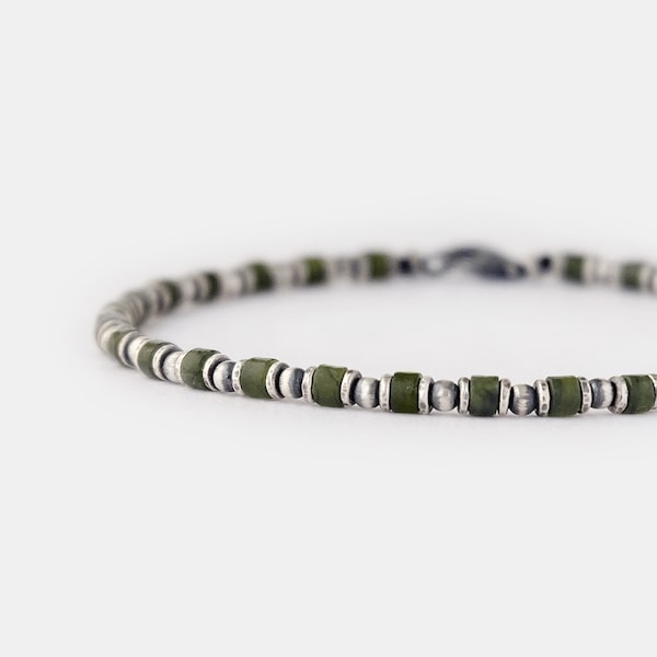 Green Jade Beaded Bracelet for Men, Oxidized Silver Bracelet, 3mm Beads Mens Bracelet, Minimal Bracelet, Gift for Boyfriend | Husband | Dad