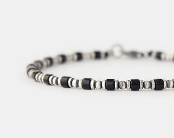 Mens Bracelet Black Onyx 925 Silver, Beaded Bracelet for Men, 3mm Oxidized 925 Sterling Silver Small Bead Bracelet, Anniversary Gift for Him