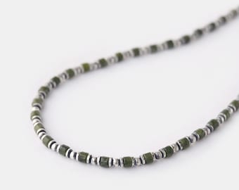Green Jade Beaded Necklace for Men, 3mm Bead Necklace Oxidized 925 Sterling Silver, Minimal Gemstone Mens Necklace, Anniversary Gift for Him