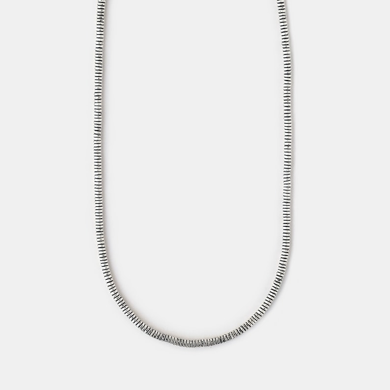May include: A silver chain necklace with a delicate, textured design.