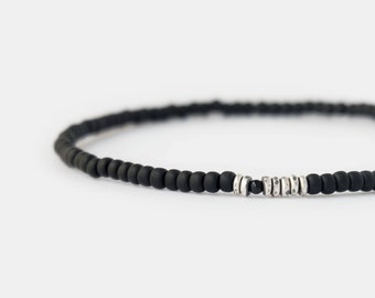 Black Onyx Mens Beaded Bracelet, Matte Black Bracelet for Him, 3mm Oxidized Silver Bead Bracelet, Thin Stretch Mens Bracelet, Mens Gift