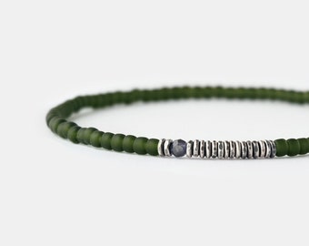 Bracciale con perline da uomo verde opaco, bracciale con pietre preziose, bracciale con perline in argento ossidato per uomo, bracciale elastico da 3 mm, regalo di gioielli da uomo