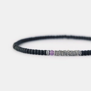 Minimalist Black Matte Mens Beaded Bracelet, Amethyst Bracelet, Oxidized Silver Mens Bracelet, 3mm Thin Stretch Bracelet for Men, Mens Gift