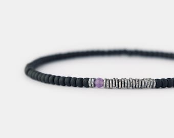 Minimalist Black Matte Mens Beaded Bracelet, Amethyst Bracelet, Oxidized Silver Mens Bracelet, 3mm Thin Stretch Bracelet for Men, Mens Gift