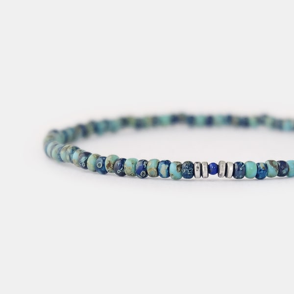 Men's Lapis Lazuli Beaded Bracelet: Sterling Silver & Glass Seed Beads