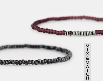 Mens kleine kraal armbanden set, heren cadeau, 3 mm rekbare kralen armbanden, minimalistische heren armbanden, cadeau voor man | Vriendje | Pa