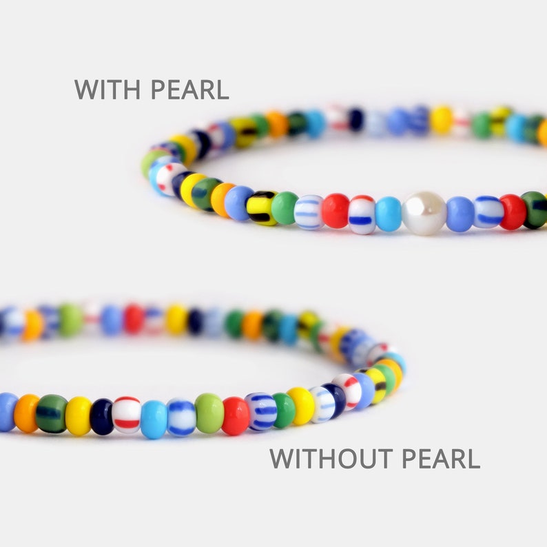 May include: Two colorful beaded bracelets, one with a white pearl and one without. The bracelets are made with small, colorful glass beads in various patterns. The text "WITH PEARL" and "WITHOUT PEARL" is displayed above each bracelet.