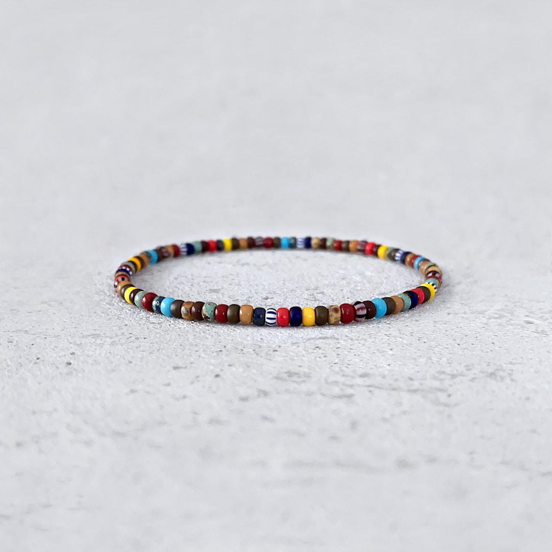 Multicolor Bead Bracelet, Mens Thin Bead Bracelet, Colorful Beads