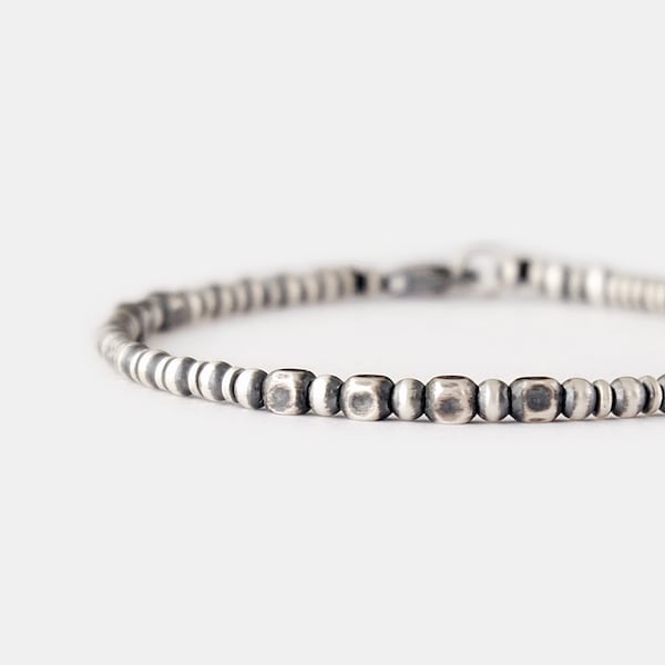 Mens Bracelet 925 Silver, 3mm Small Beaded Bracelet with Clasp, Oxidized Sterling Silver Minimal Bracelet for Men, Anniversary Gift for Him