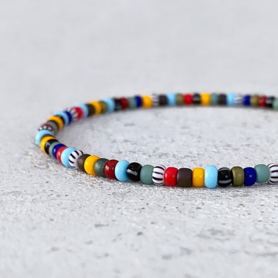 Colorful Beaded Bracelet, Mens Multicolor Small Bead Bracelet, 3mm Thin Stretch Bracelet for Men, Mens Bracelet Gift for Him, Boyfriend Gift