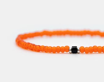 Orange Beaded Bracelet Black Onyx, 3mm Small Bead Bracelet for Men, Thin Elastic Bracelet, Boyfriend Gift, Couple Bracelet, Gift for Him