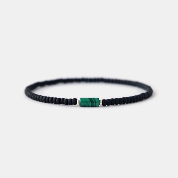 Bracelet pour homme en perles noires avec malachite, bracelet pour homme noir mat, bracelet en malachite verte pour homme, bracelet de perles pour homme, bracelet extensible