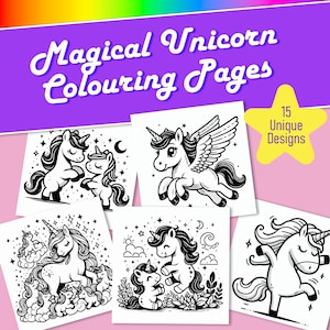15 Unicorn Coloring Pages | Printable Kids Coloring Book | Cute & Magical A4 Digital Download | Unicorn Colouring Sheets PDF