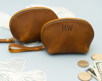 Christmas gift, Coin Pouch, Natural Leather Coin Pouch, Leather Coin Purse with Zipper, Leather Coin Case, Zipper Wallet Pouch, Custom Gifts