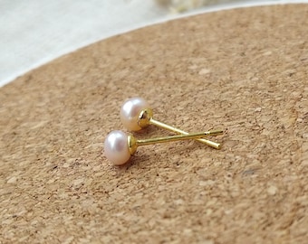 Pearl Stud Earrings, Rose Oval Pearl, Golden Sterling Silver Small Earring, Everyday Wear