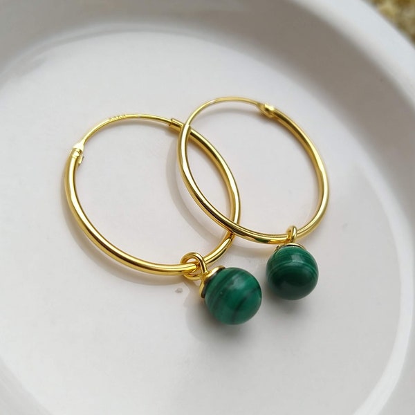 Malachite earrings, Gemstone hoops earrings with malachite sphere, golden hoops, malachite dangle earrings, golden silver hoops