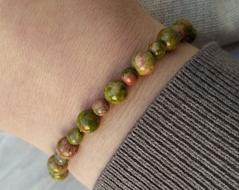 Genuine Round Unakite Beaded Bracelet, 925 Sterling SIlver Clasp, Green Gemstone Bracelet Great for Mother&#39;s day gift, Birthday gift for her