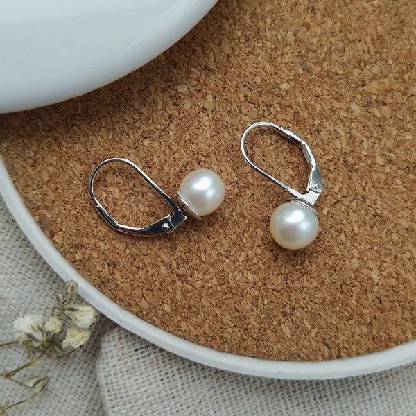 Boucles d’oreilles en perles rondes blanches Leverback, argent sterling 925, Porter tous les jours Perles d’eau douce blanches, Boucles d’oreilles en argent, Perles de grade A