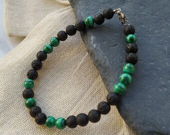 Malachite and Lava Rock Bracelet, Jewellery for Men with Natural Gemstones, Gift with Meaning, For Him, For Dad