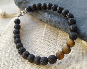 Eye Tiger and Lava Rock Bracelet, Men&#39;s Genuine Gemstone Jewellery perfect for Valentine&#39;s day gift, Great for Fathers