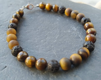 Mixed Tiger Eye and Lava Rock Bracelet, Natural Yellow and Black Gemstones, Gift for Father&#39;s day, For Men