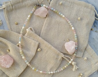 Mixed Crystals Beaded Necklace, Soft Pastel Colors, 925 Sterling Silver, Pearls, Rose Quartz, Morganite, Boho Necklace, Gemstone Jewellery