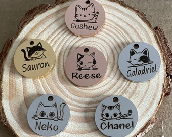 Cat ID Tag ,Tiny Cat Name Tag, Cat Tags, Kitten Tags, Laser Engraved, Stainless Steel in Silver Gold Rose Gold Black ,32 Cats to choose