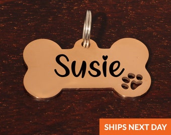 Personalized Rose Gold Color Bone Dog ID Tag • Cut out Dog Paw • Name Tag • Dog Bone • ID Tag for Dogs • Rose Gold Dog Tag • ID Name Tag