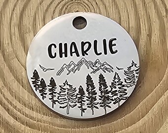 Mountain Trees Pet-ID-tag: gepersonaliseerd avontuur halsbandtag