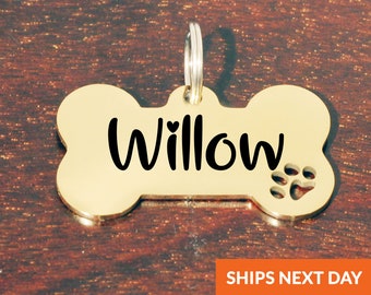 Dog Tag, Bone Dog Tag, Personalized Dog Tag, Customized Dog Tag, Dog ID Tag, Dog Collar Tag, Pet ID Tag, Gold Hollow Paw Bone Dog ID Tag