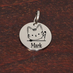 Cat ID Tag ,Tiny Cat Name Tag, Cat Tags, Kitten Tags, Laser Engraved, Stainless Steel in Silver Gold Rose Gold Black ,32 Cats to choose from