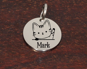 Cat ID Tag ,Tiny Cat Name Tag, Cat Tags, Kitten Tags, Laser Engraved, Stainless Steel in Silver Gold Rose Gold Black ,32 Cats to choose from