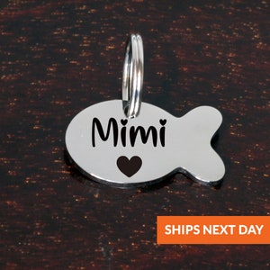 Personalized Stainless Steel Fish Cat Name ID Tag • Customized Fish Cat Collar Name Tag • Stainless Steel Fish Pet ID Name Tag • Fish Cat ID