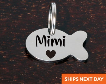 Personalized Stainless Steel Fish Cat Name ID Tag • Customized Fish Cat Collar Name Tag • Stainless Steel Fish Pet ID Name Tag • Fish Cat ID