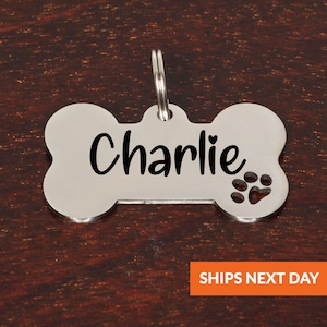 Dog ID Tag Personalized Silver Bone Cut out Dog Paw Name Tag Bone Dog Tag ID Tag for Dogs Puppy Tag Collar ID Name Tag Dog Collar Charm Tag