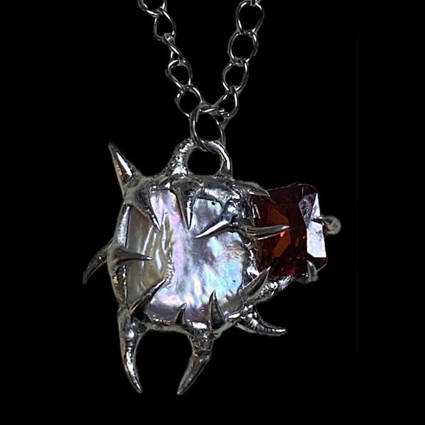 Garnet&pearl spiky pendant necklace Necklace Liquid Metal Cybercore Cyber Necklace Spiky Futuristic Grunge