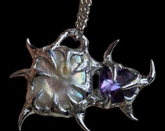 Spiky Heart Pearl & Amethyst Pendant Necklace: Gothic Soft Solder Jewelry