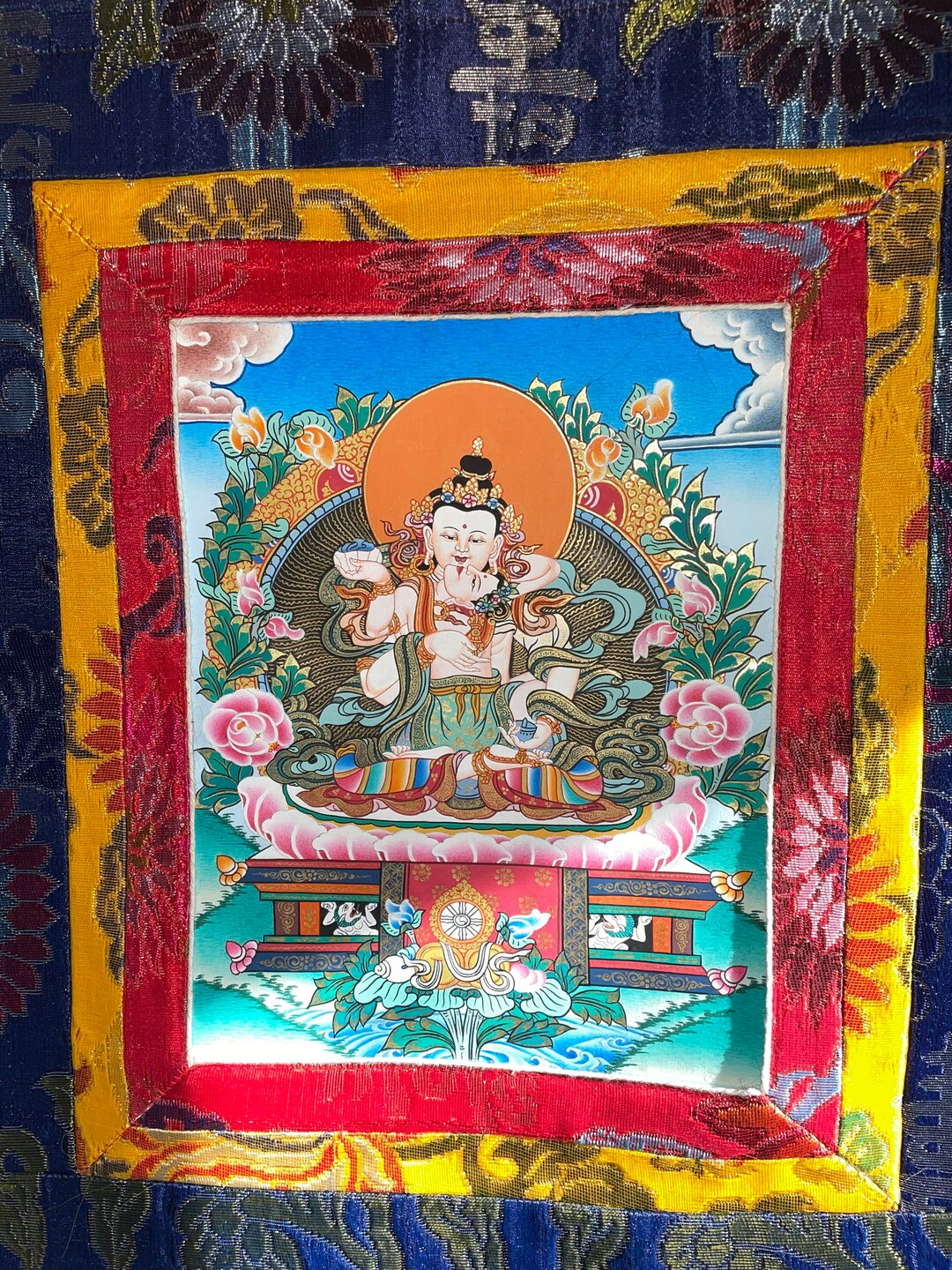 Vajrasattva and Consort, Thangka, Banner , Hand Painted, Silk Brocade
