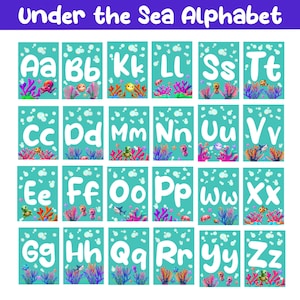 Alfabeto oceánico, decoración del aula bajo el mar, arte de pared de letras imprimibles, tema del aula oceánica, alfabeto del tablón de anuncios, alfabeto escolar